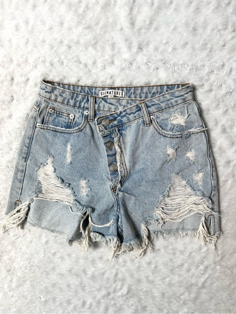 SIGNATURE8 Grunge Light Blue Crossover Waist Distressed Denim Shorts